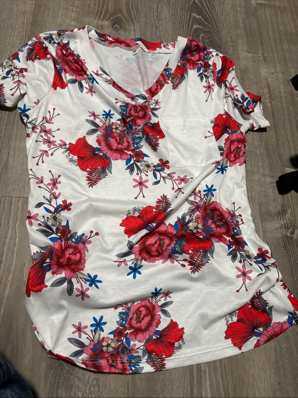 Amazon White V-Neck Tee with Red & Pink Floral Print